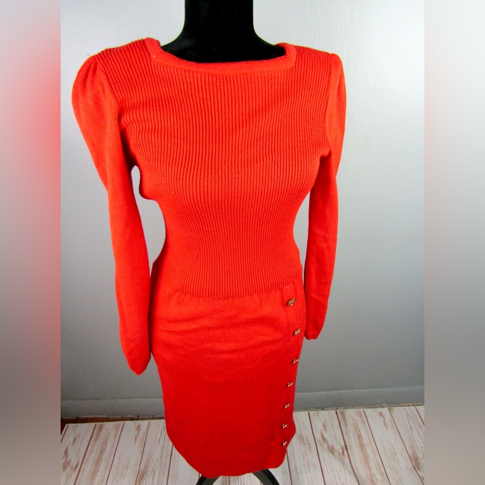 Tricot Vintage Red Stretch Ribbed Gold Button Long Sleeve Sweater Dress